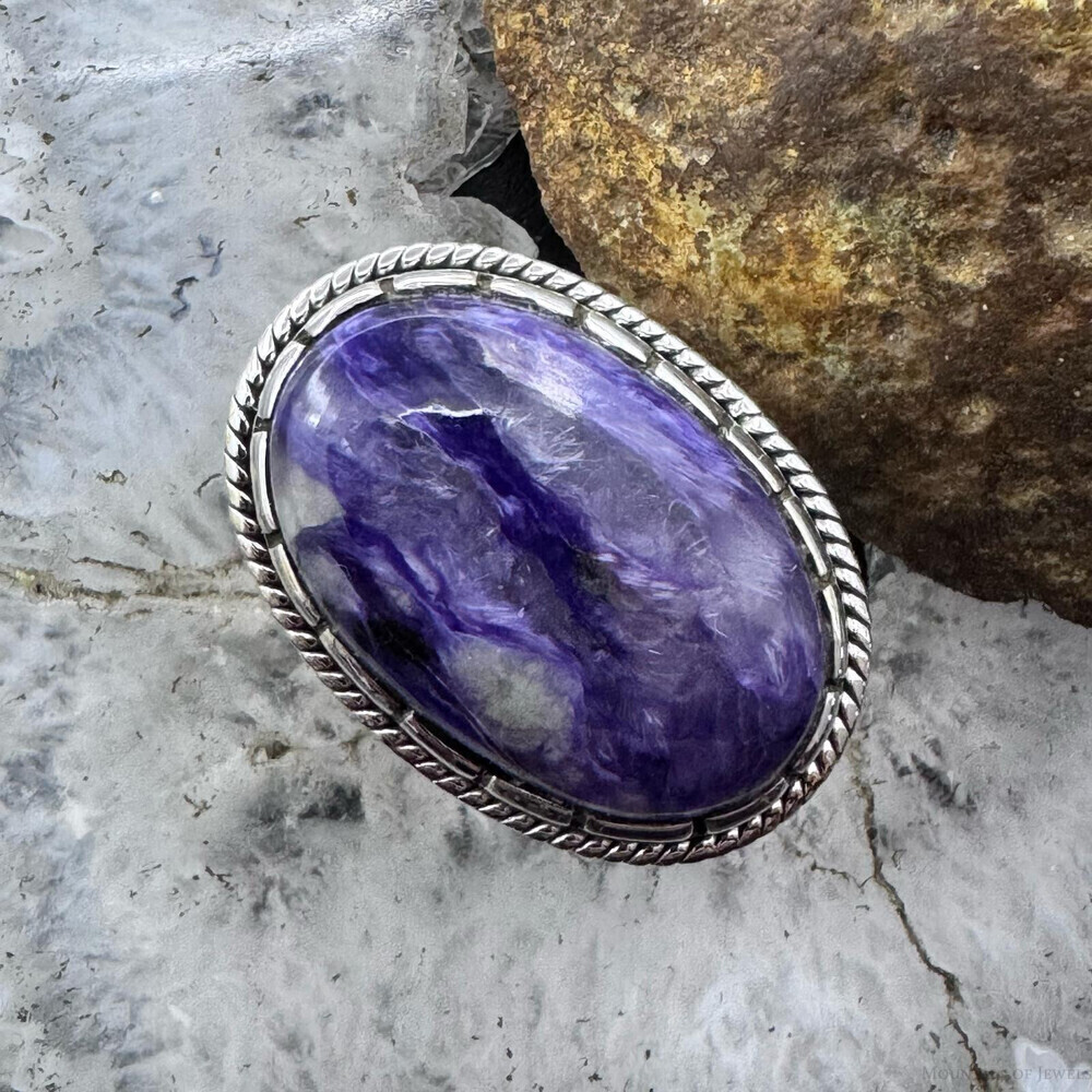Sterling Silver Southwestern Style Oval Charoite Decorated Ring Sz 7.5 For Women